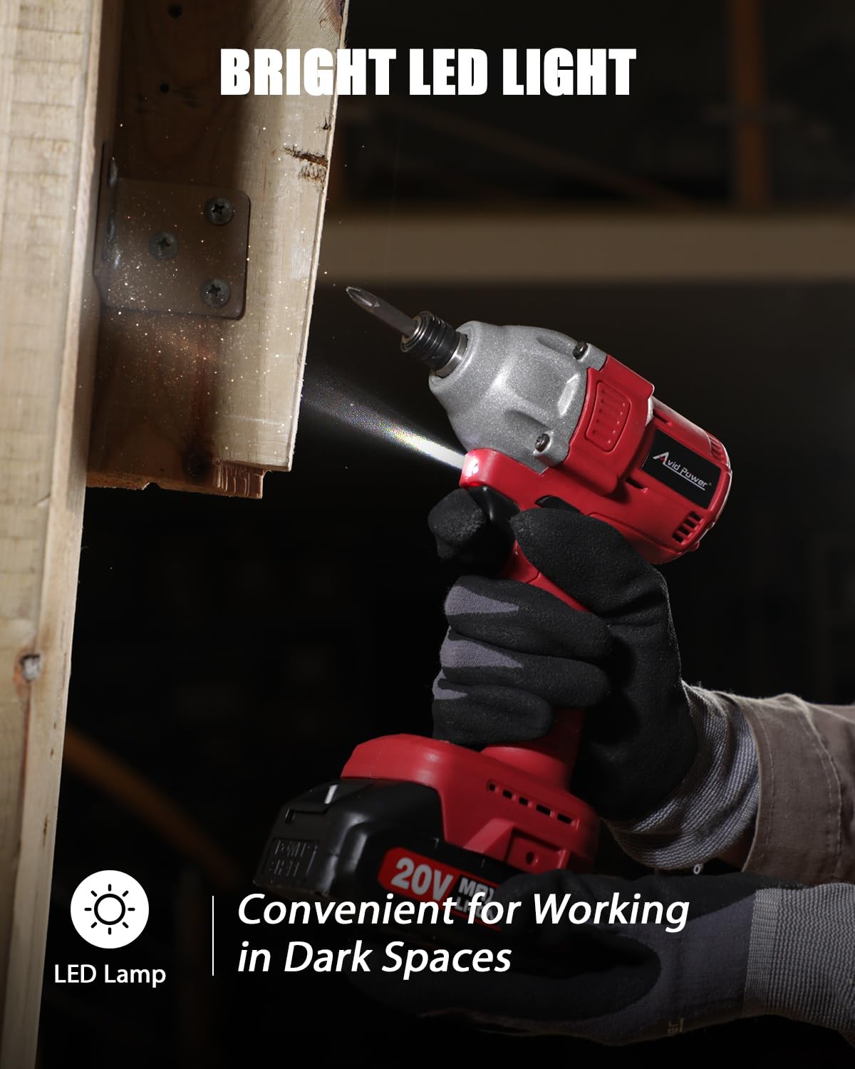 Brake stop feature shown on AVID POWER 20V impact driver protecting materials