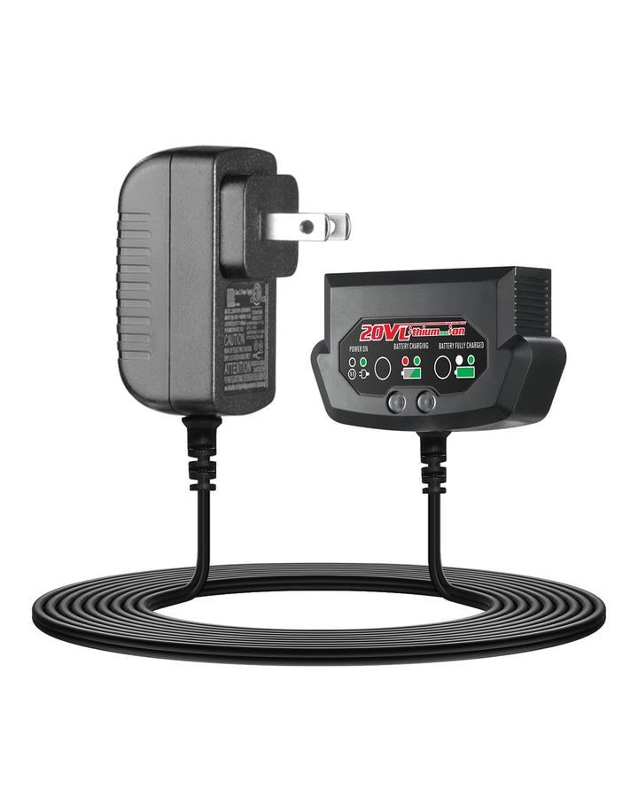 AVID POWER 20V charger front view showing compact design for easy storage and use
