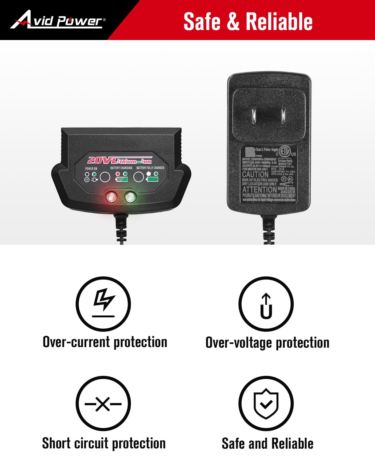 AVID POWER 20V charger showing a full charge ready to use