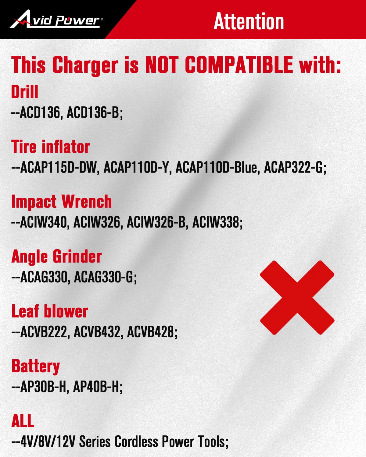AVID POWER 20V charger with LED indicators displaying charge status clearly