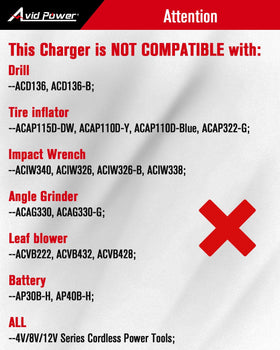 AVID POWER 20V charger with LED indicators displaying charge status clearly