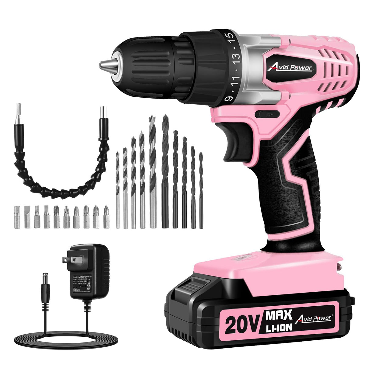 AVID POWER 20V cordless drill pink with ergonomic grip for comfortable home projects