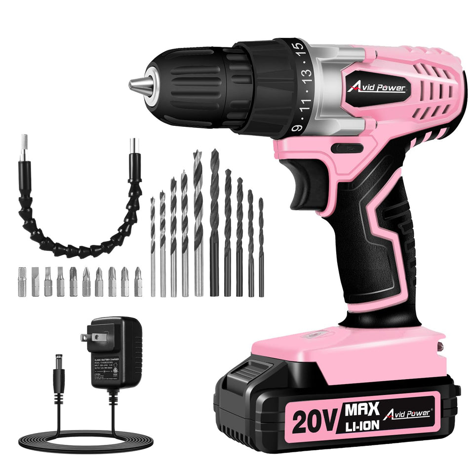 AVID POWER 20V cordless drill pink with ergonomic grip for comfortable home projects