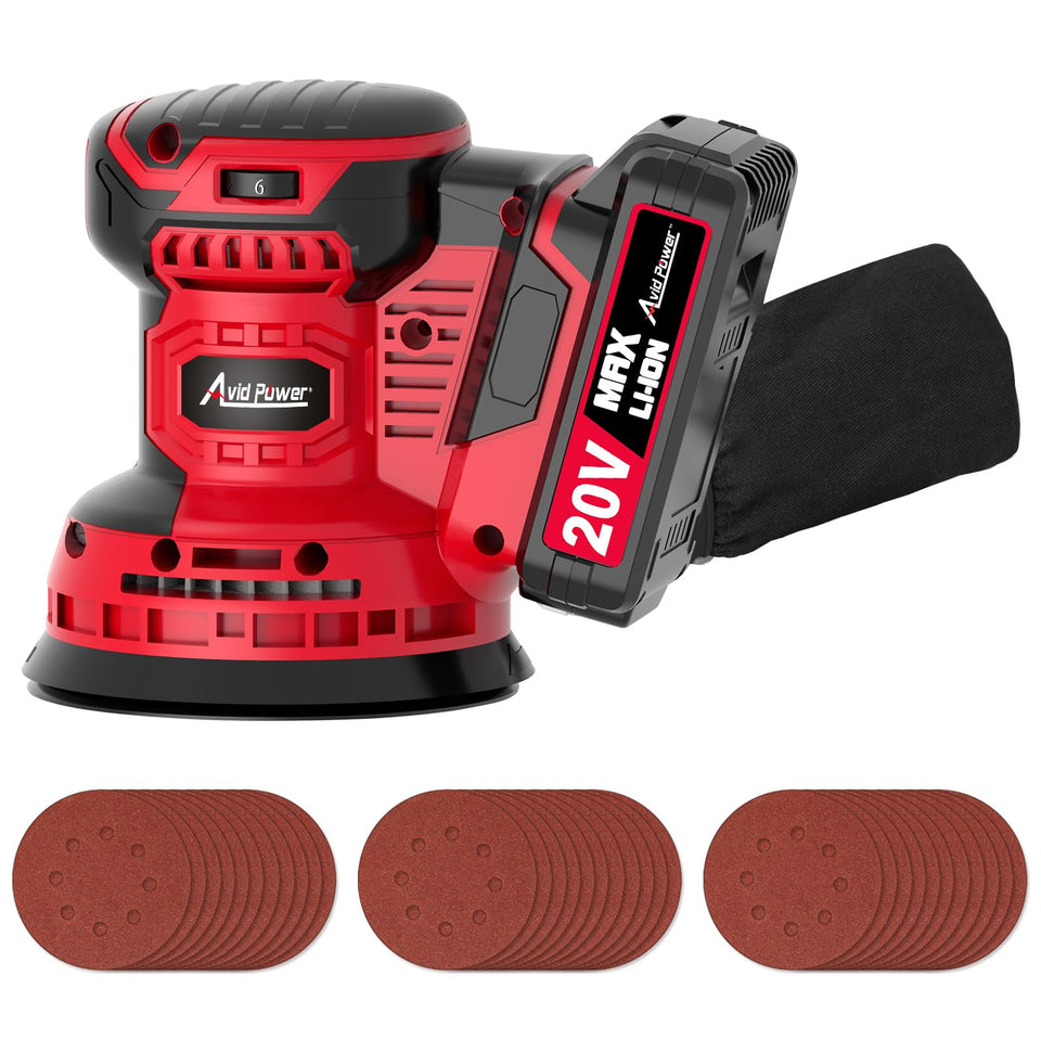 AVID POWER 20V cordless orbital sander in use with ergonomic grip.