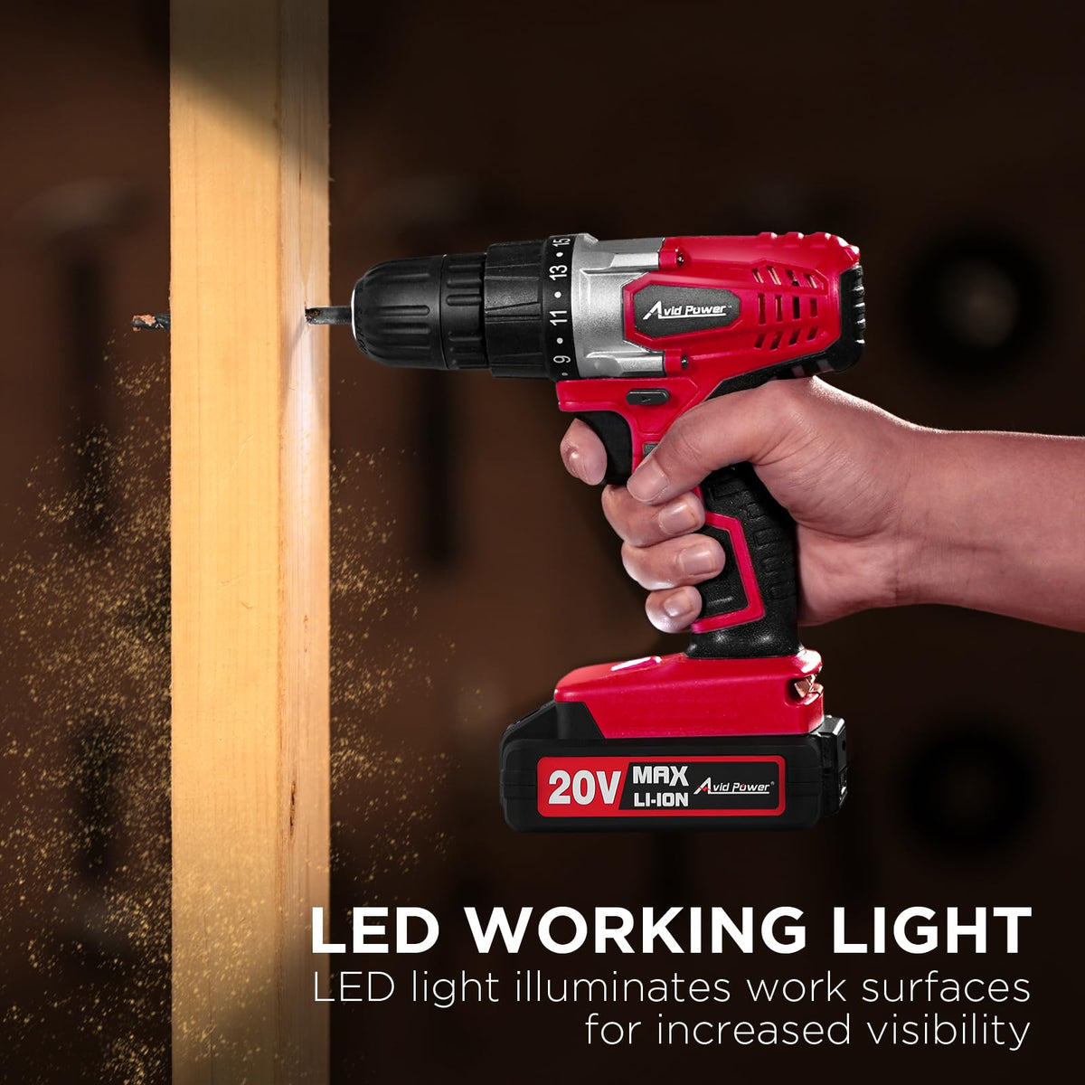 AVID POWER 20V drill; lightweight 2.5 lb design with ergonomic grip.