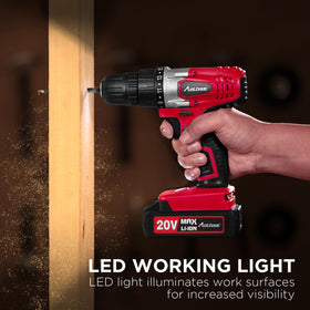 AVID POWER 20V drill; lightweight 2.5 lb design with ergonomic grip.