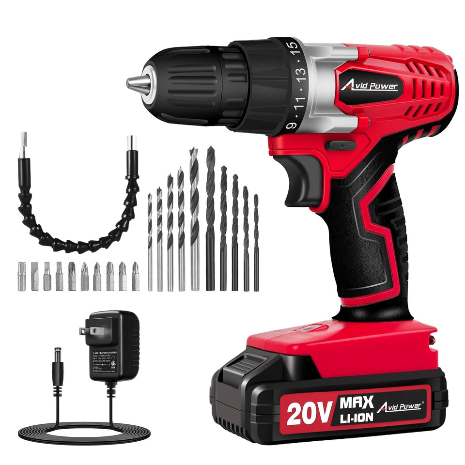AVID POWER 20V drill front view; compact design for easy handling in DIY projects.