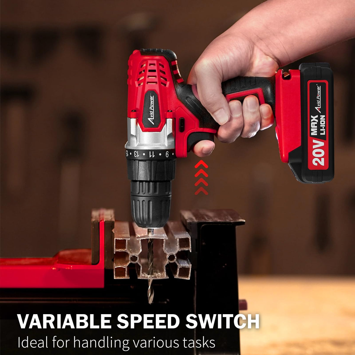 AVID POWER 20V drill with built-in LED light; improves visibility in dark spaces.
