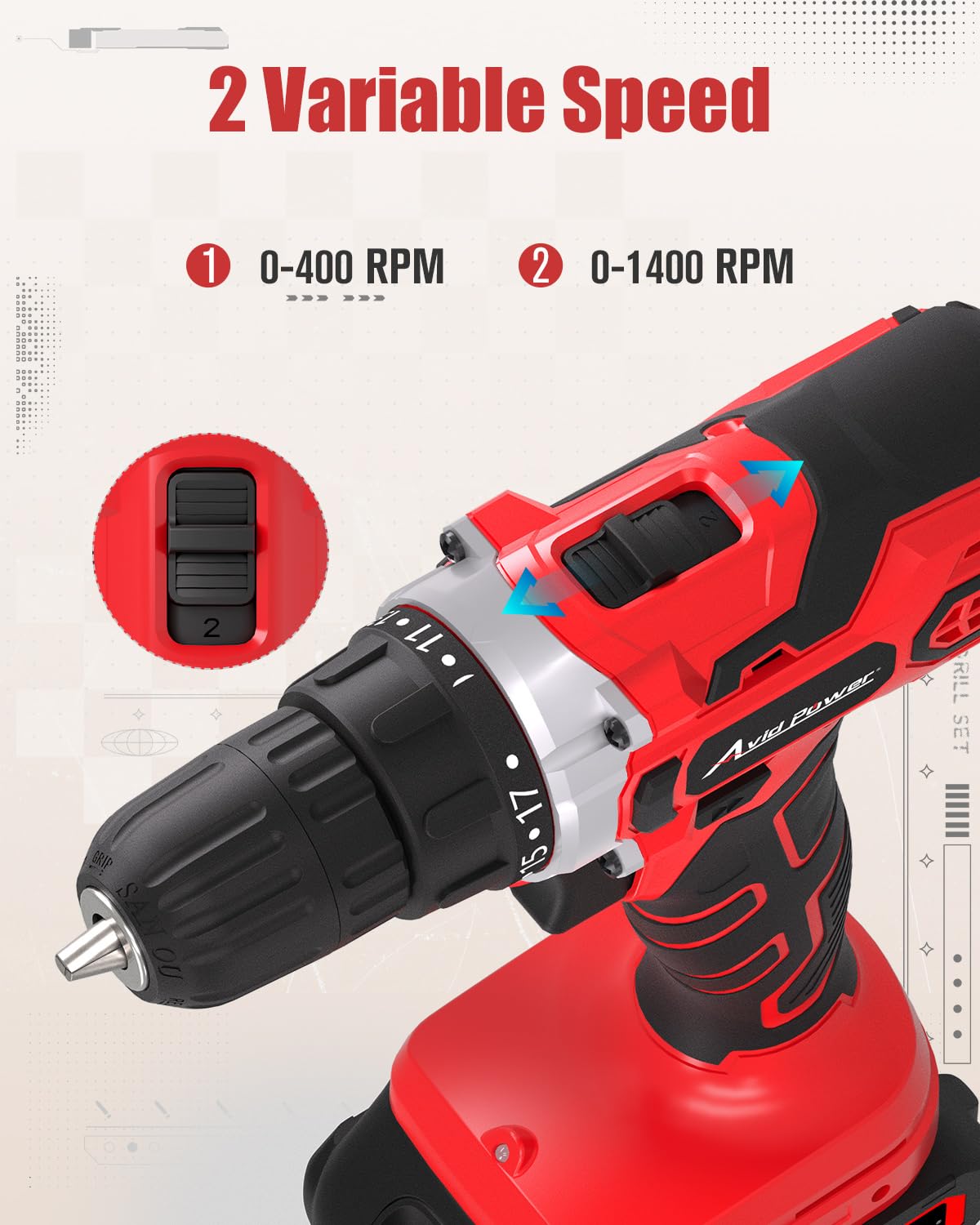 AVID POWER two speed settings for precise screw driving and quick drilling