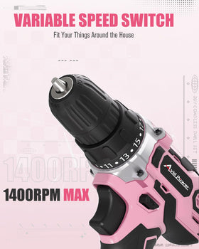 AVID POWER pink chuck closeup showing 3/8-inch keyless chuck for easy bit changes
