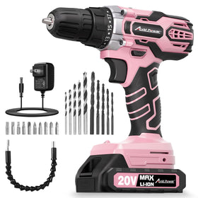 AVID POWER 20V Max drill pink front view, compact for quick home tasks