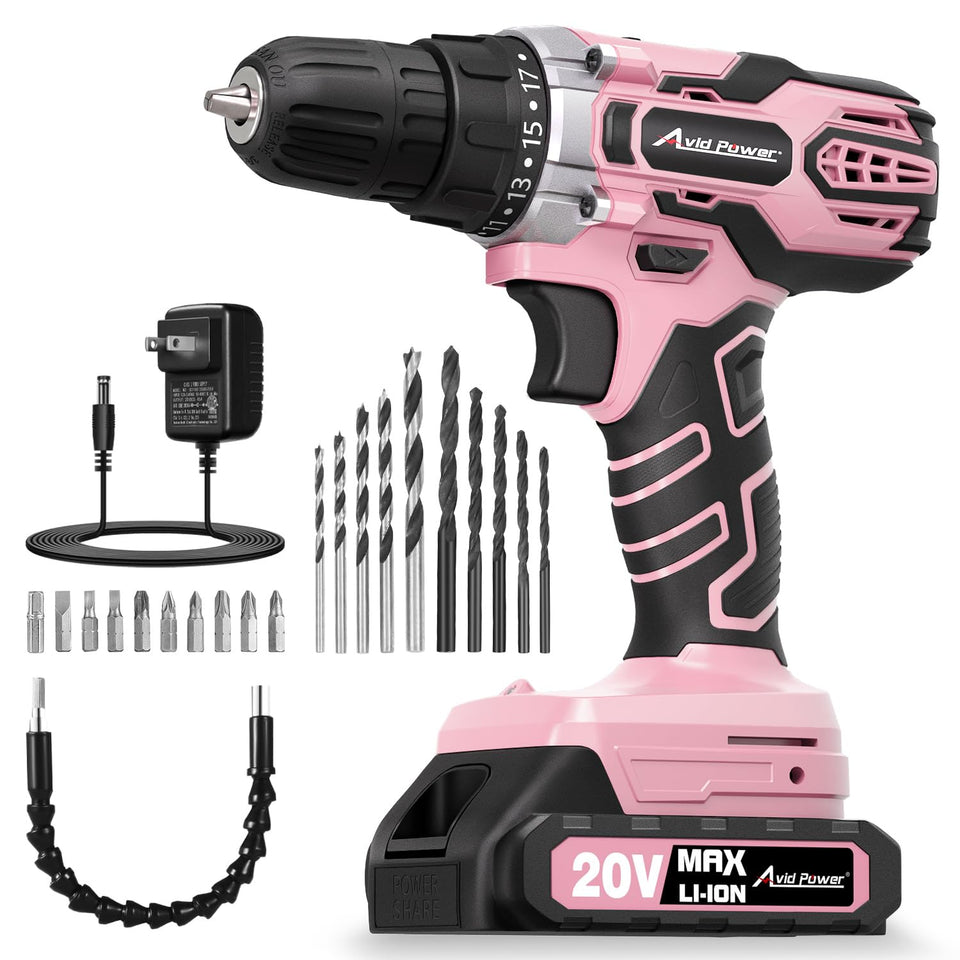 AVID POWER 20V Max drill pink front view, compact for quick home tasks