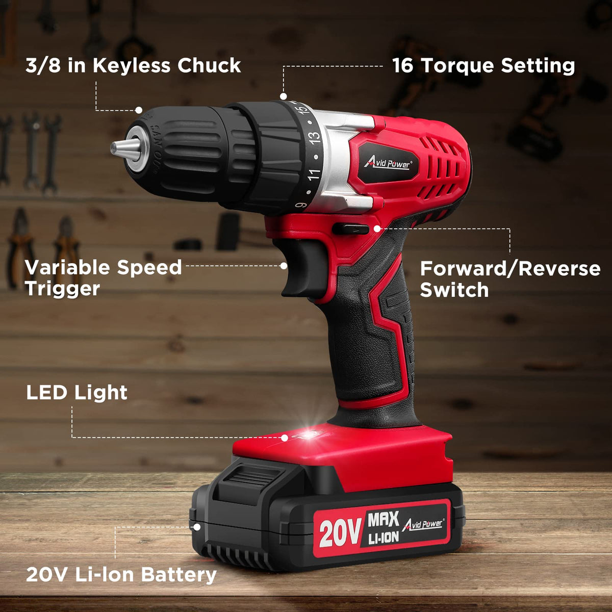 AVID POWER 22-piece accessory kit; versatile bits for wood, drywall, and metal.