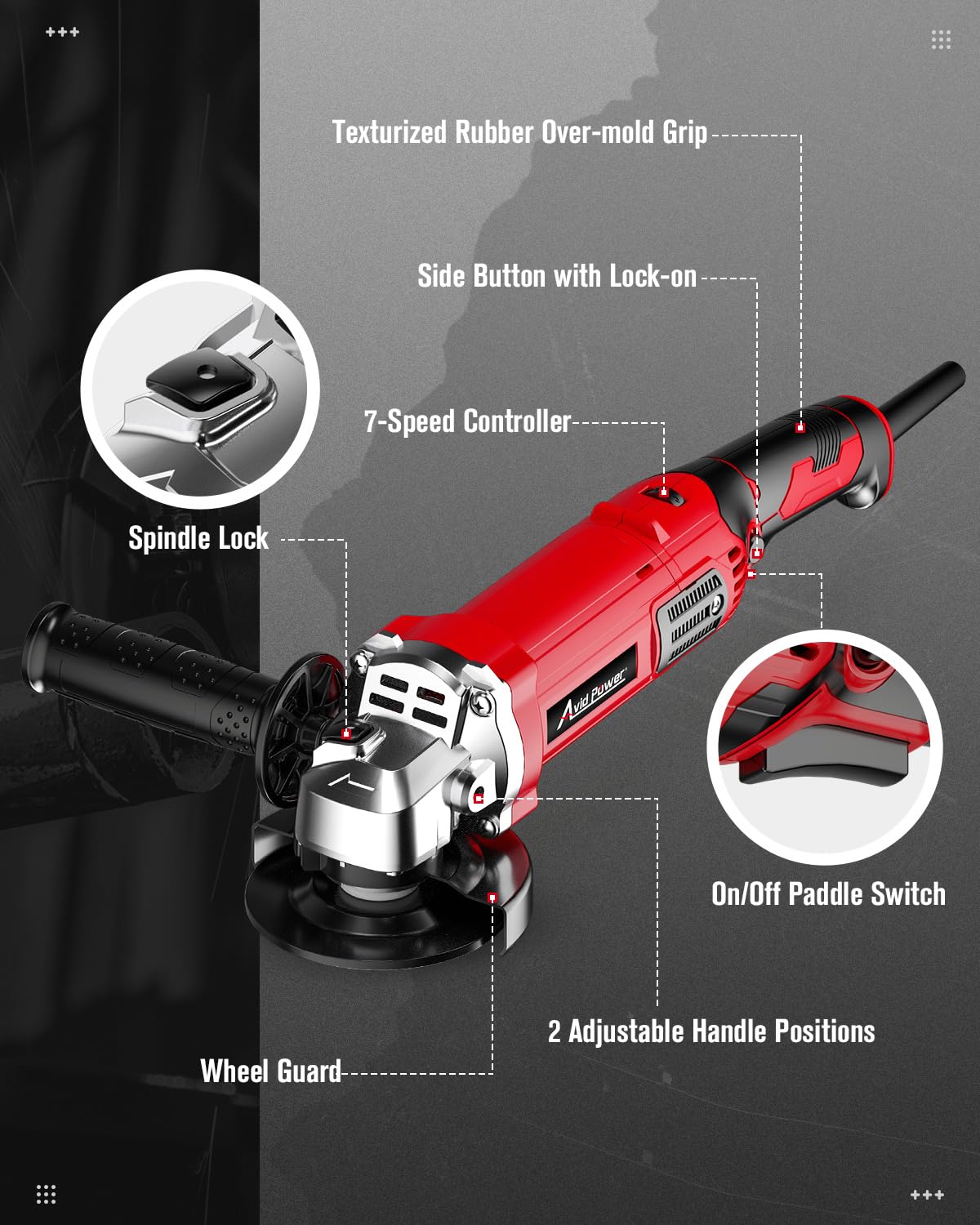 Seven variable speeds on AVID POWER grinder adapt to different metalwork tasks