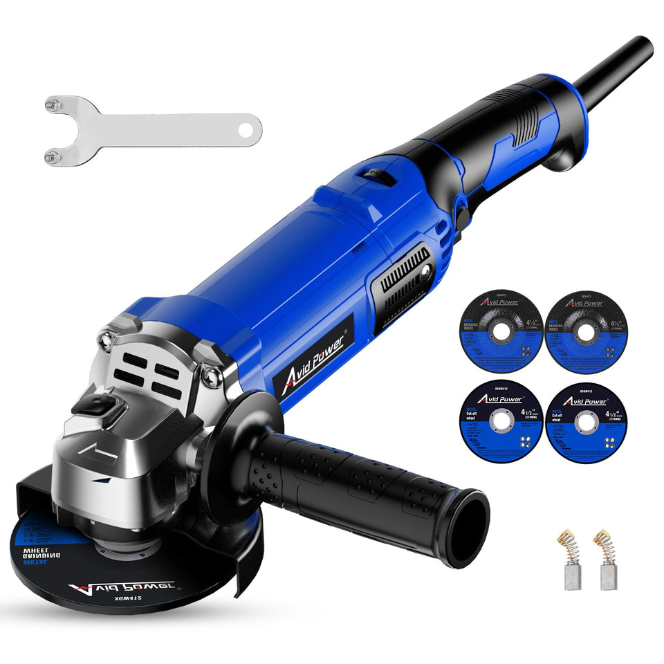 Avid Power angle grinder with a 4-1/2 inch wheel ready for cutting and grinding