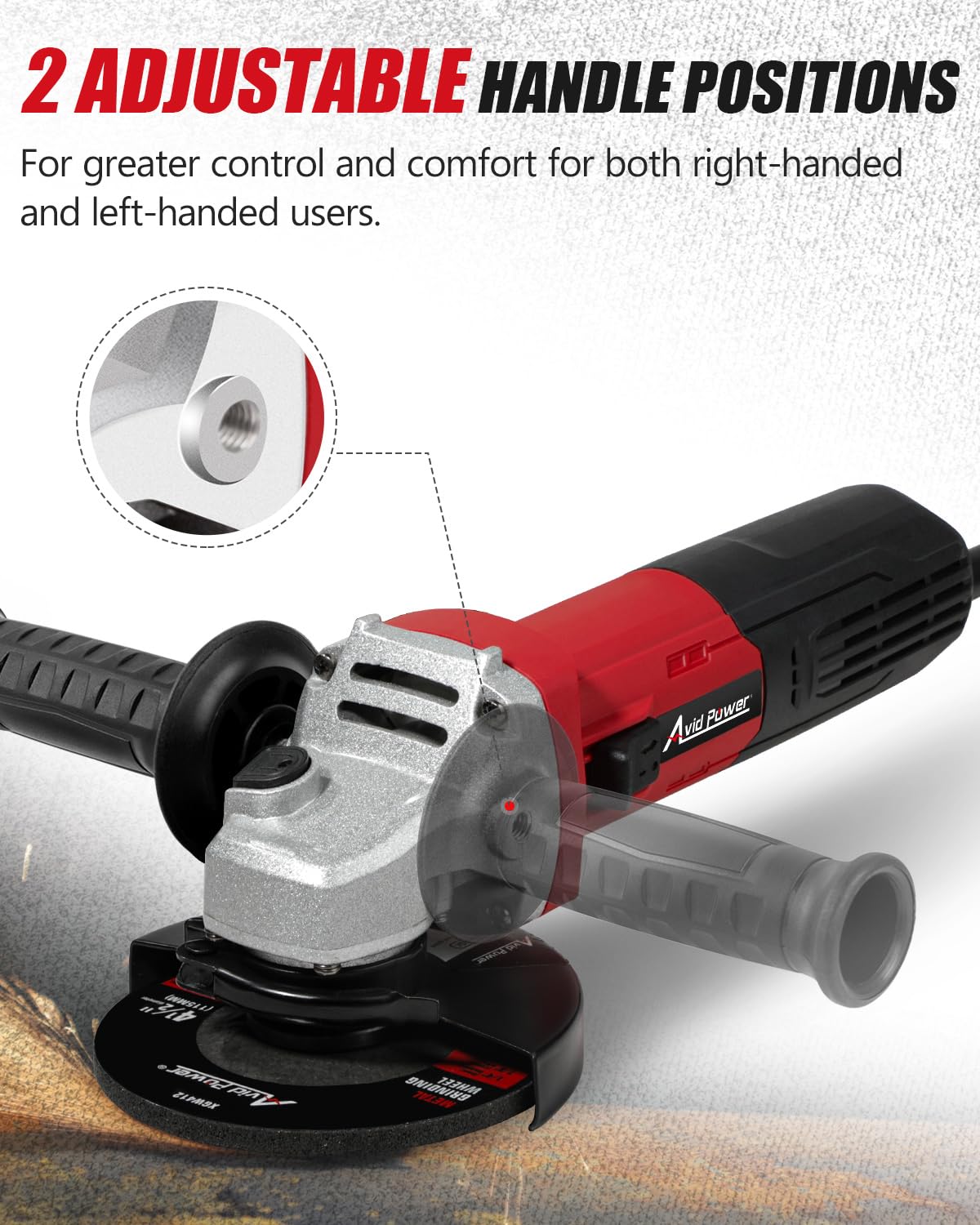 AVID POWER angle grinder with adjustable safety guard for spark deflection.