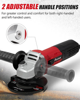 AVID POWER angle grinder with adjustable safety guard for spark deflection.