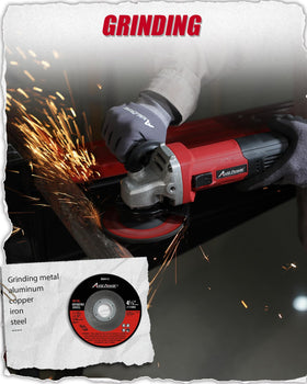 AVID POWER angle grinder in use with cutting wheels on metal surfaces.