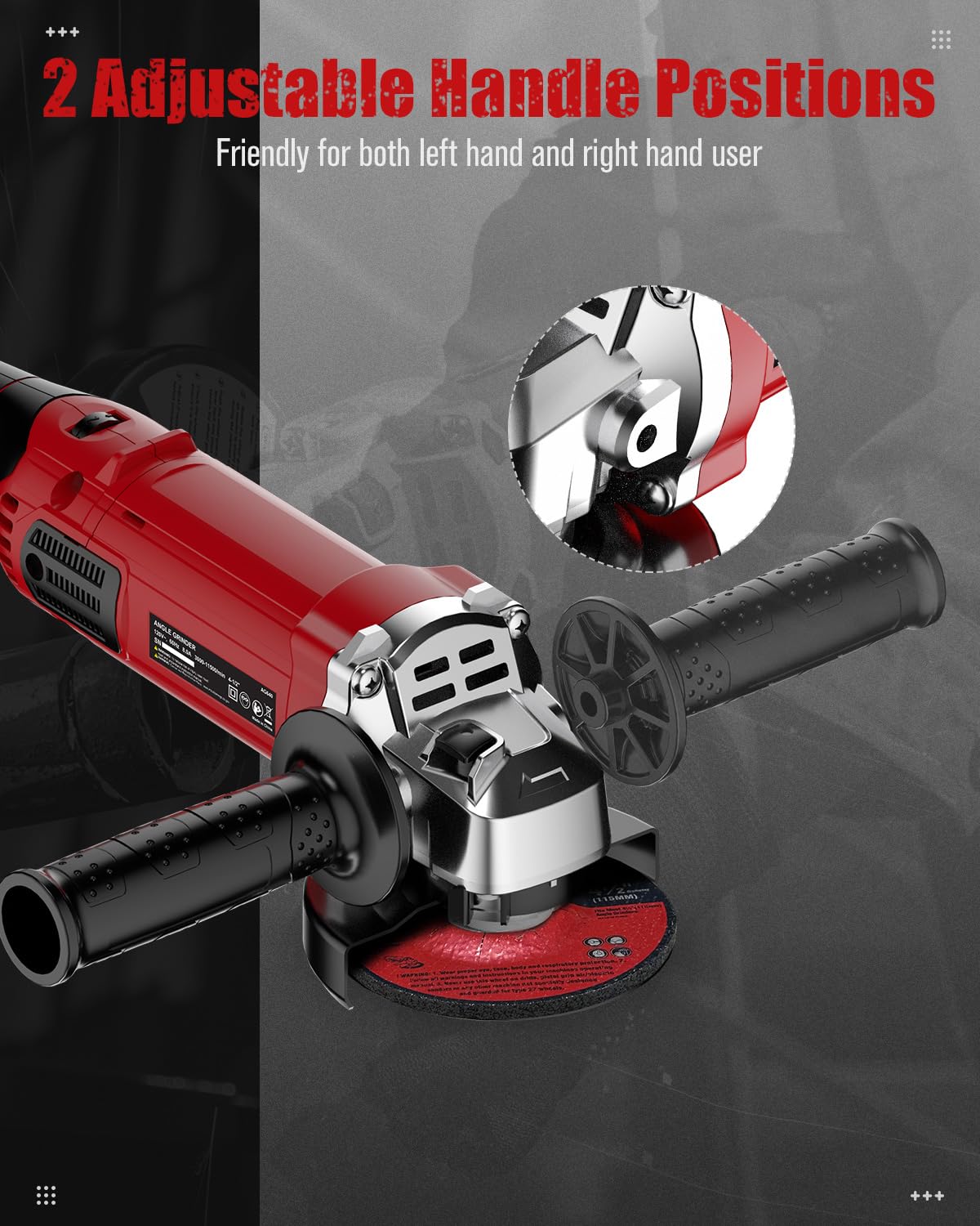Two-position handle on AVID POWER grinder supports control for both hands