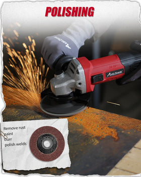 AVID POWER angle grinder with flap disc for smoothing metal finishes.