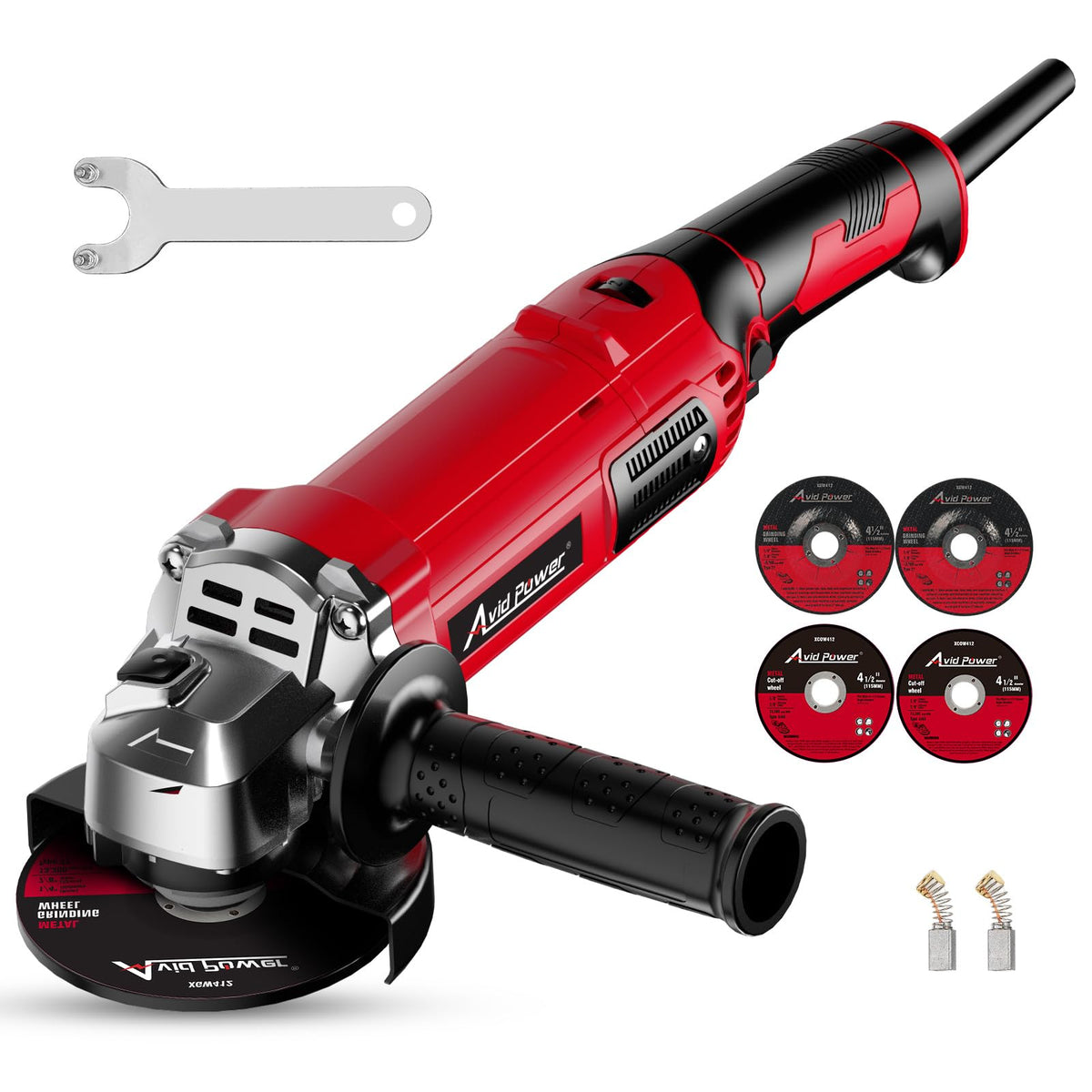 AVID POWER angle grinder front view emphasizes compact size for precise grinding