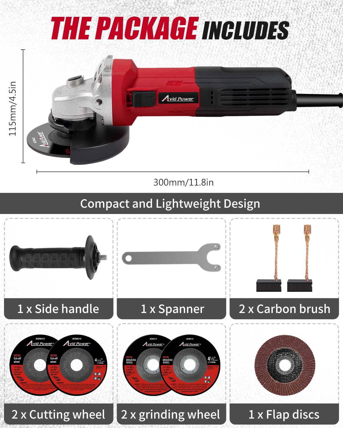AVID POWER angle grinder includes accessories for ready-to-start projects.