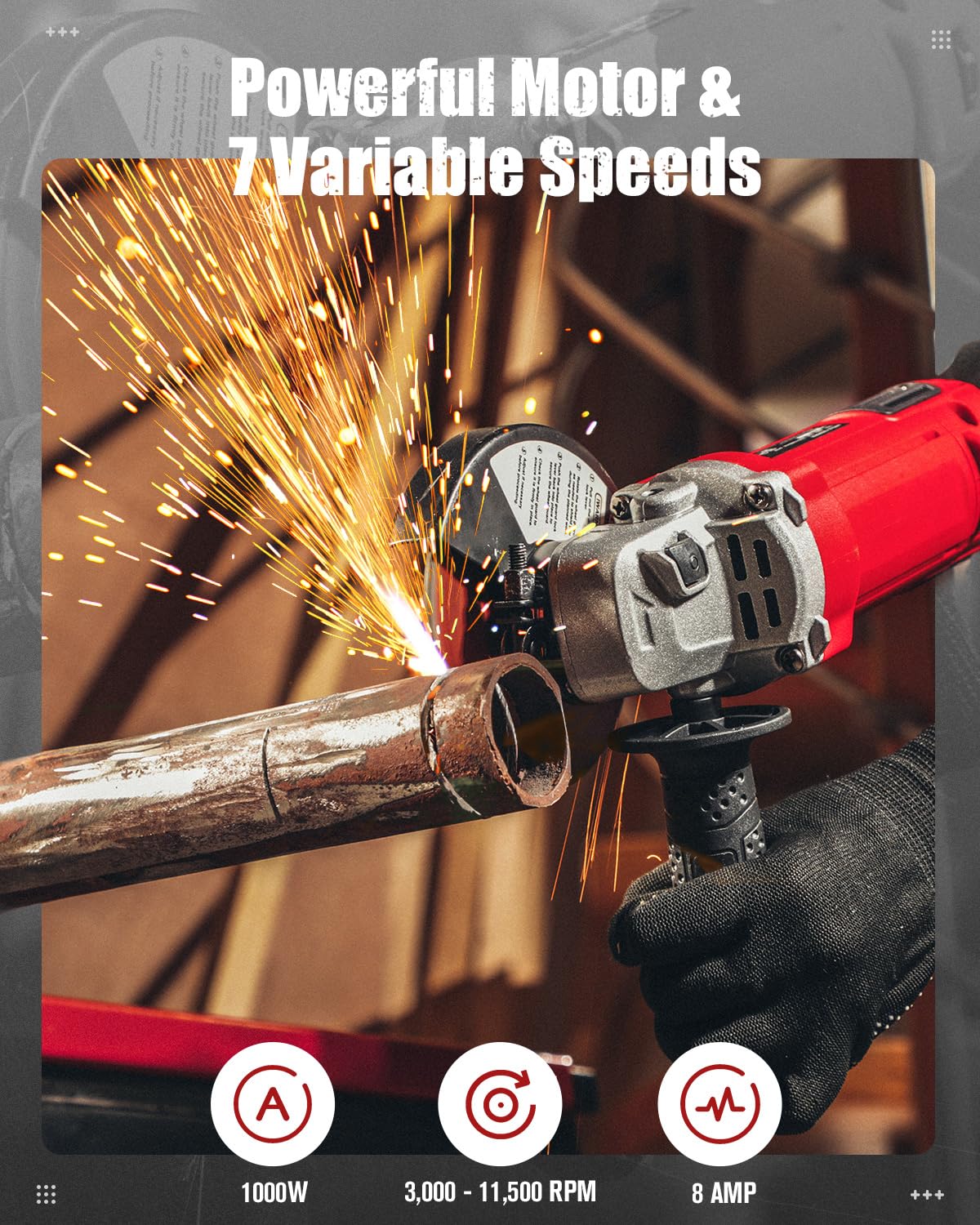 AVID POWER angle grinder side view highlights ergonomic grip for reduced fatigue