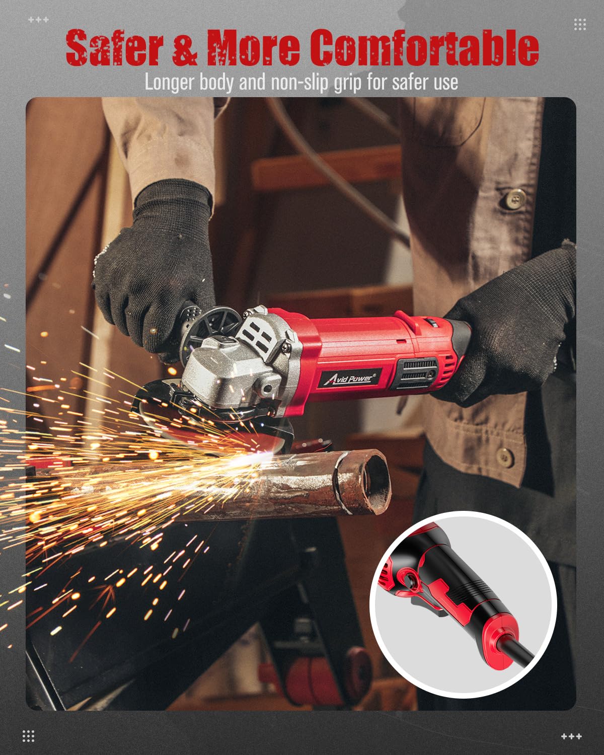 AVID POWER grinder with wheel guard and extended body for safer cutting