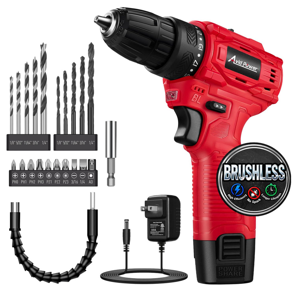 AVID POWER brushless drill front view for precise, comfortable handling.