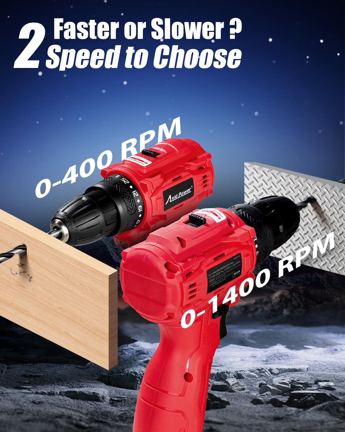 AVID POWER brushless drill in use on wood for clean holes.