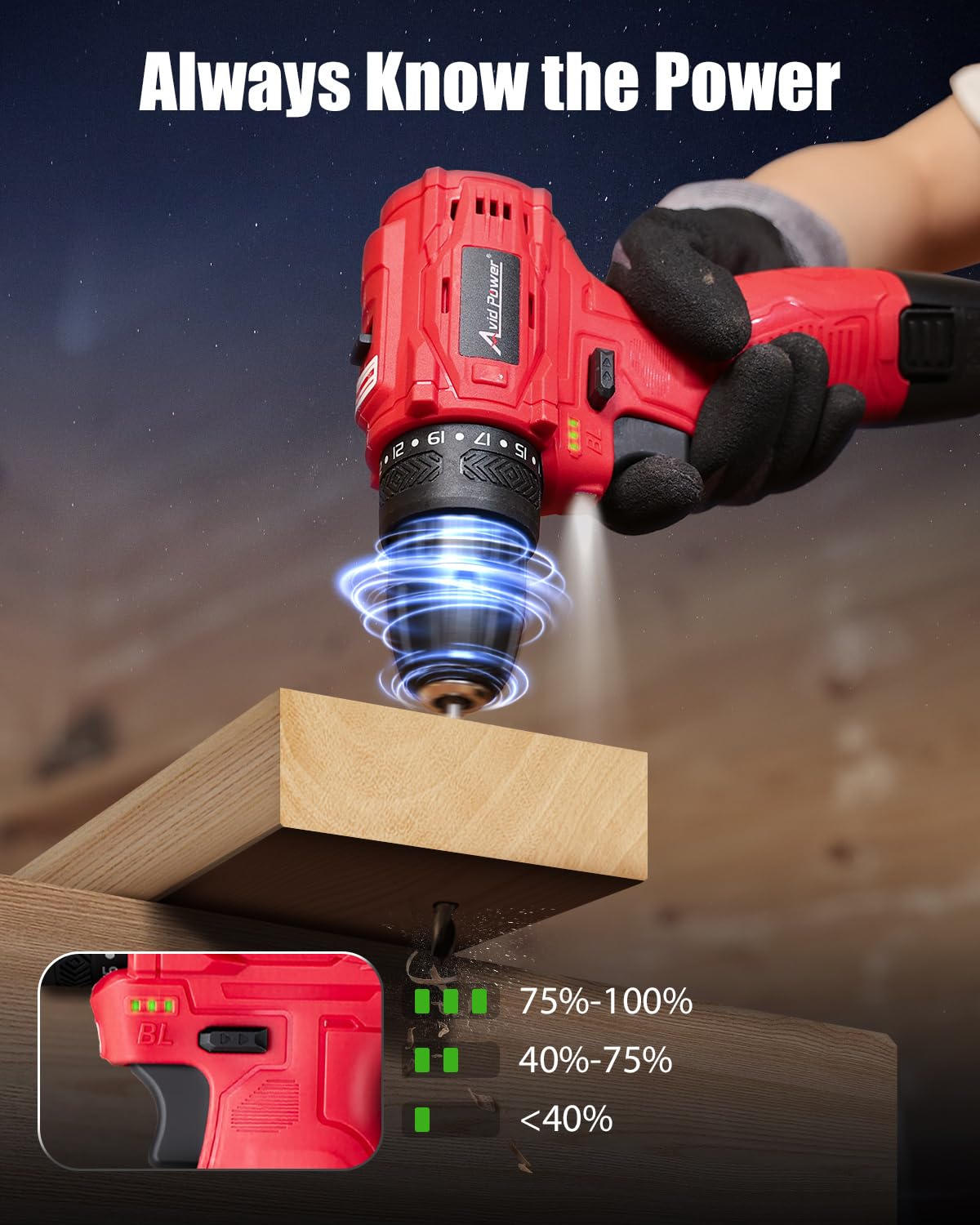 AVID POWER brushless drill kit contents including bits and extensions.