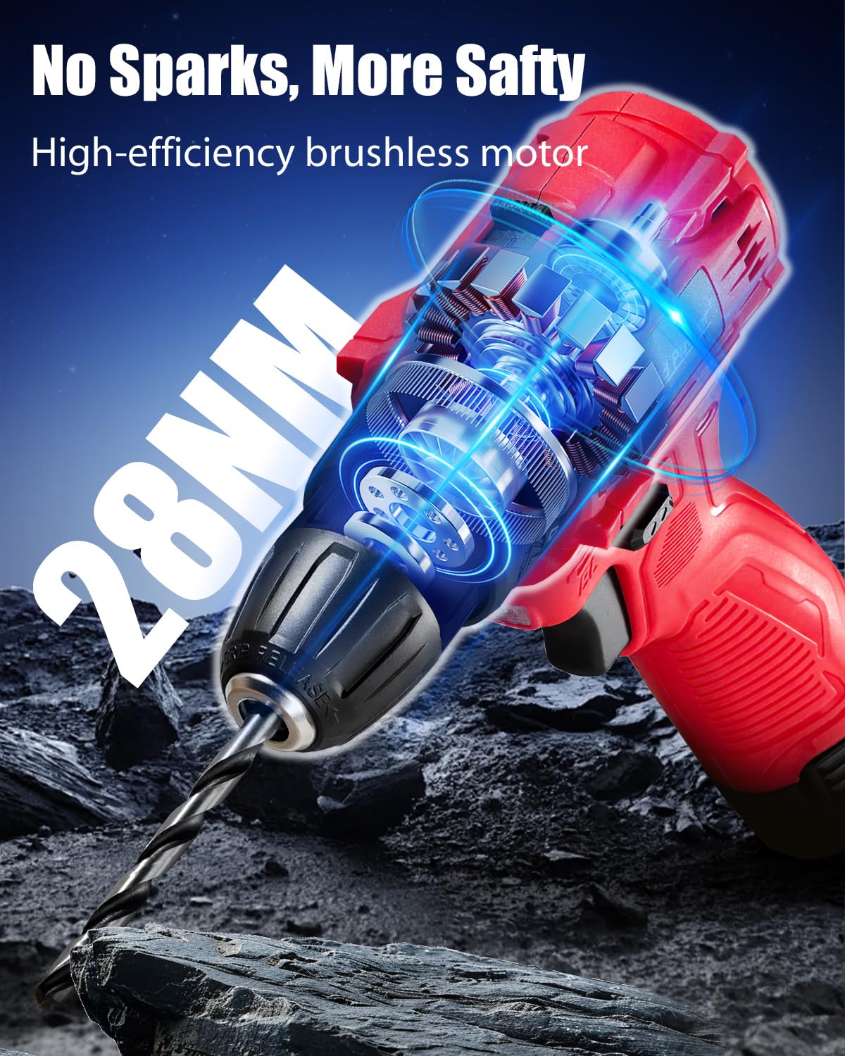 AVID POWER brushless drill with LED light in action for dark workspace accuracy.