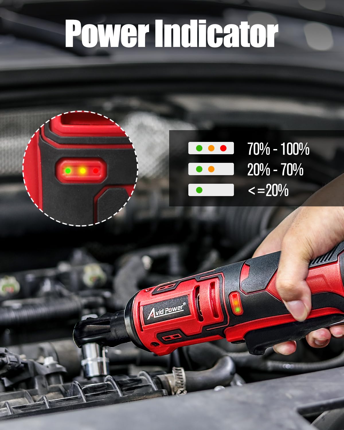 AVID POWER compact head reaching tight spaces during auto repairs.