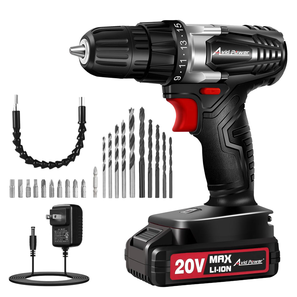 AVID POWER cordless drill set with battery and charger for quick, ready-to-use home projects.