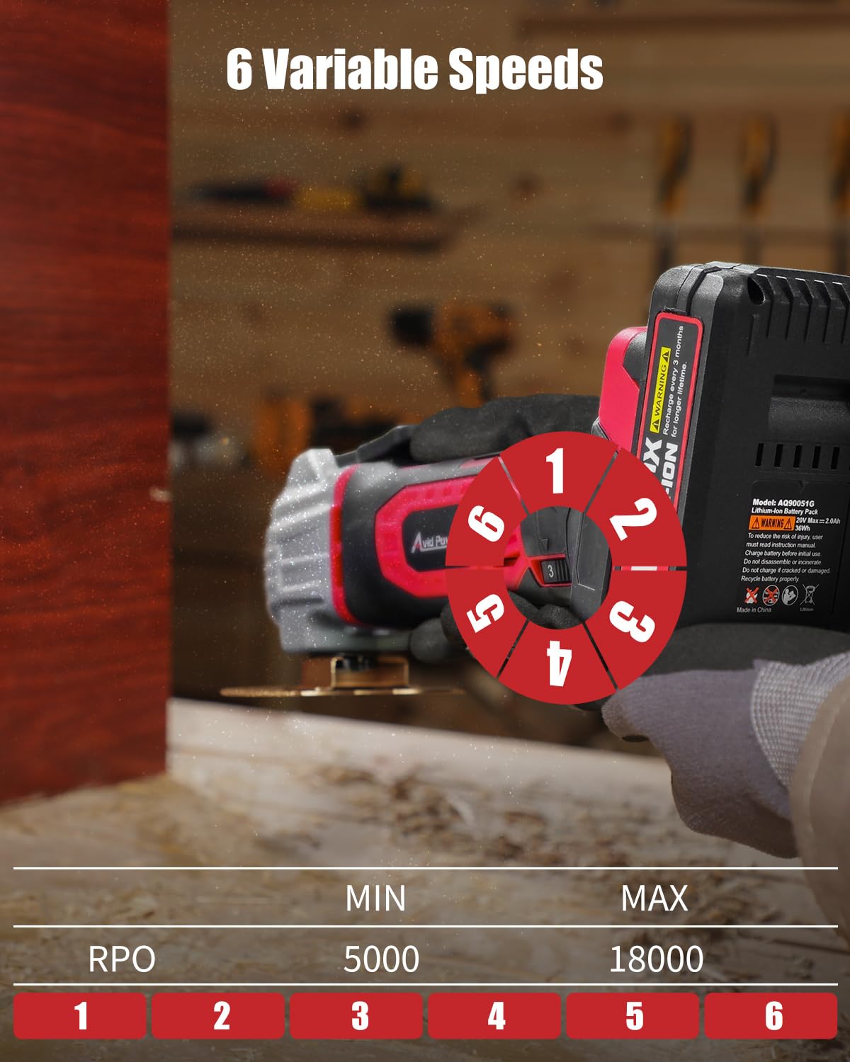 AVID POWER cordless oscillating tool 2.8° orbit enables precise cuts in tight spots.