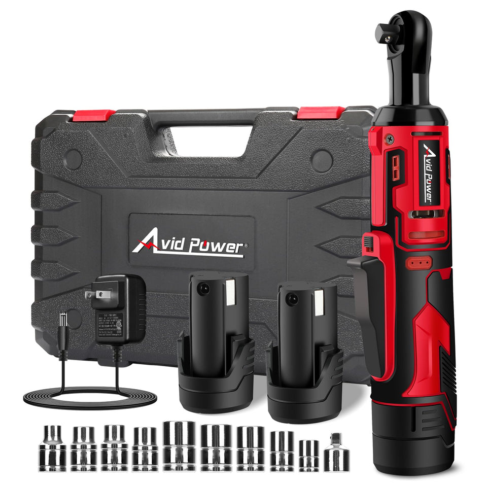 AVID POWER cordless ratchet wrench with 3/8-inch head shows compact design for tight spots.