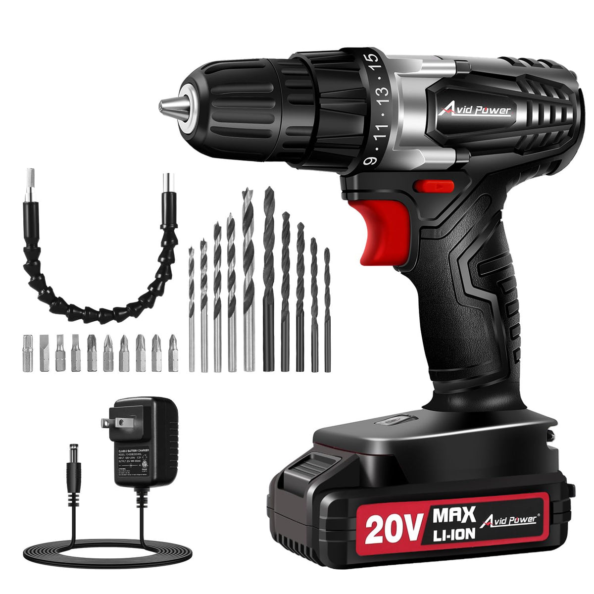 AVID POWER 20V drill with battery level display for proactive power management.