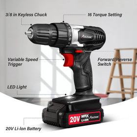 AVID POWER 20V cordless drill in a compact, lightweight design for easy handling.