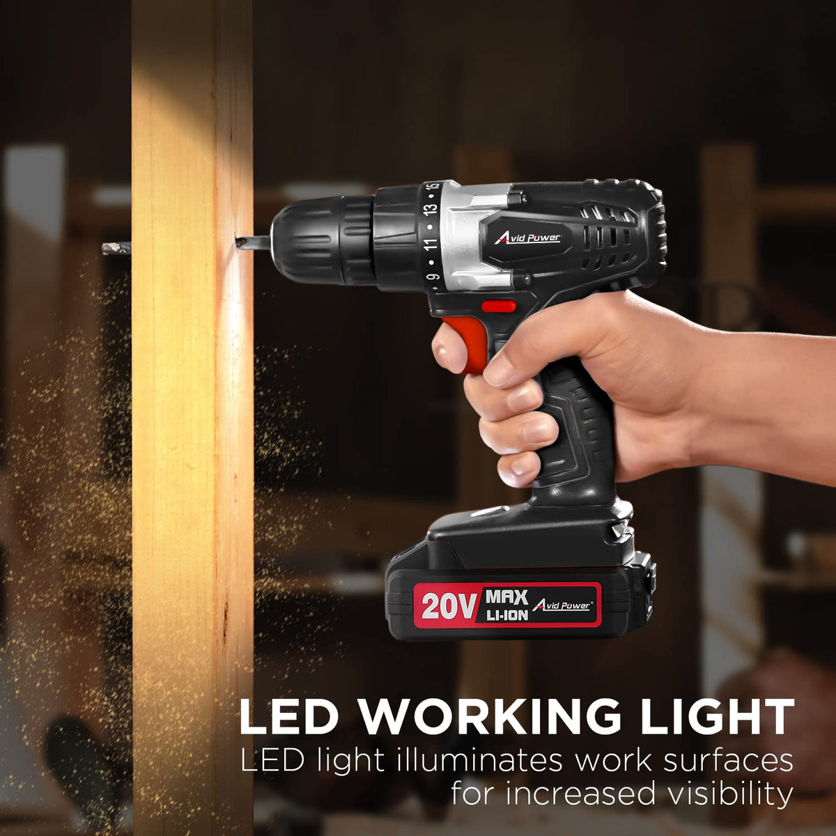 AVID POWER 20V drill with ergonomic rubberized grip reduces operator fatigue.