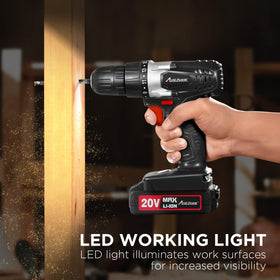AVID POWER 20V drill with ergonomic rubberized grip reduces operator fatigue.