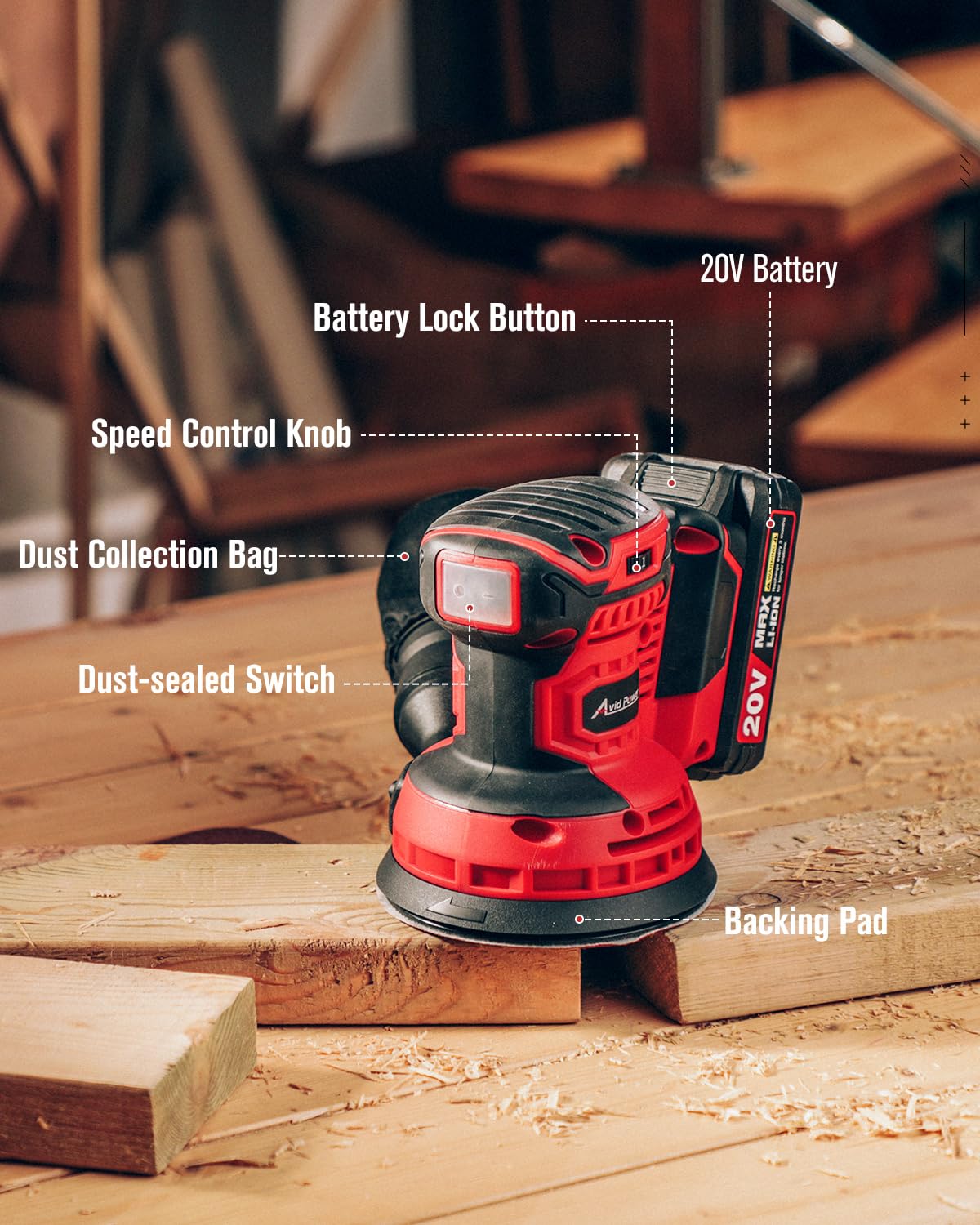 AVID POWER ergonomic grip supports comfortable long sanding sessions.