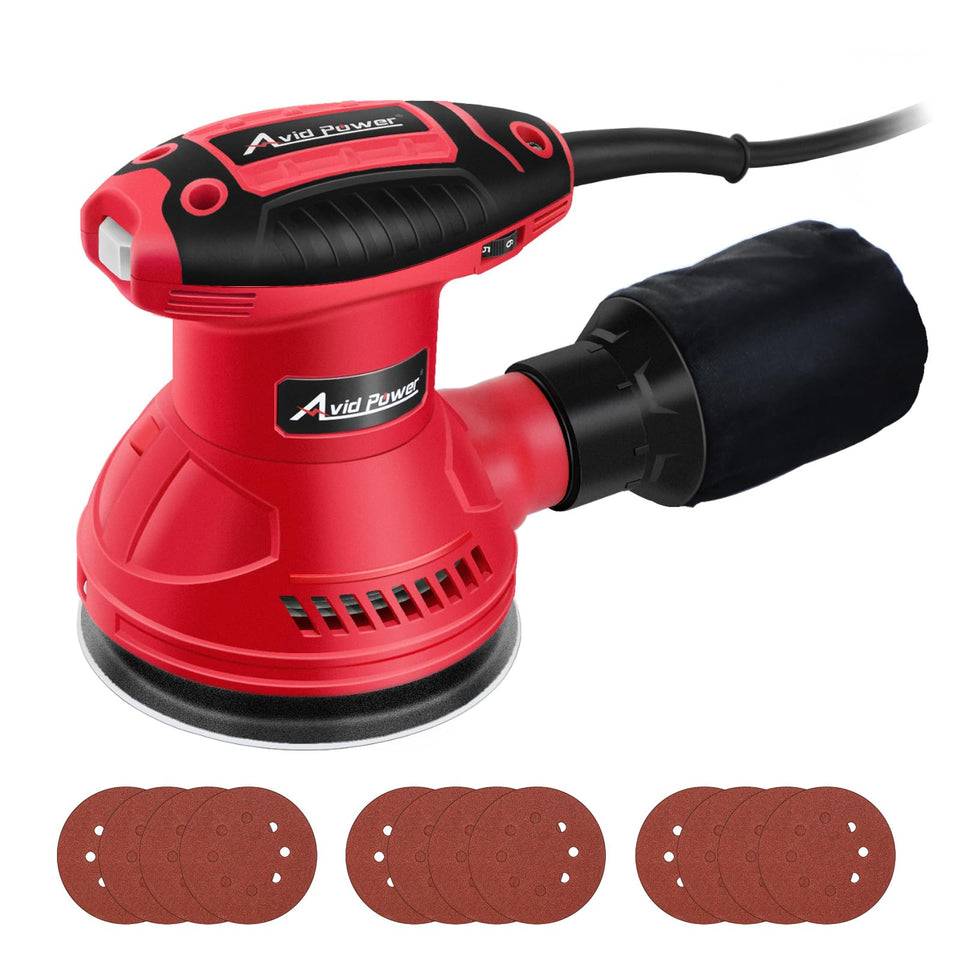 AVID POWER Orbital Sander with dust bag attached for cleaner indoor sanding.