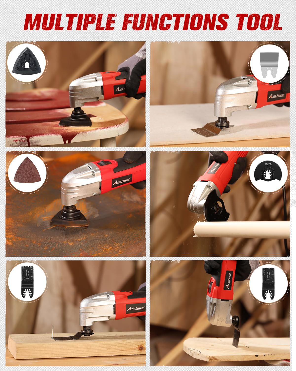AVID POWER accessory kit includes blades, scraper, and sanding options for versatile jobs.