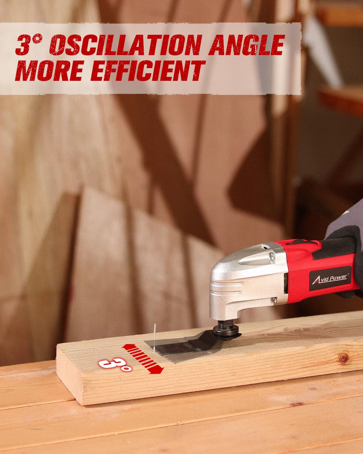 AVID POWER oscillating tool features an ergonomic grip reducing fatigue during long sessions.