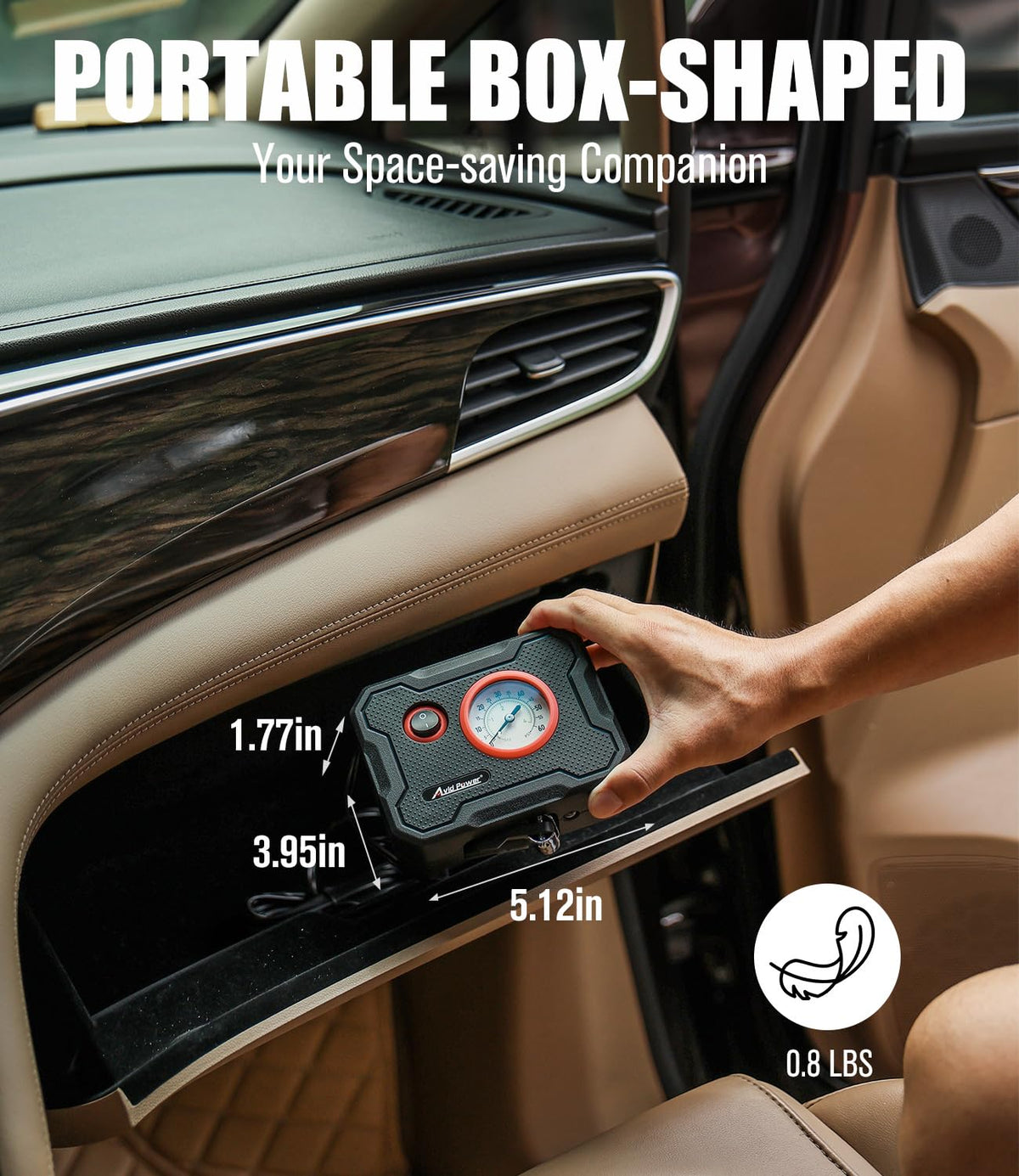 AVID POWER portable air pump in compact design fits in your car