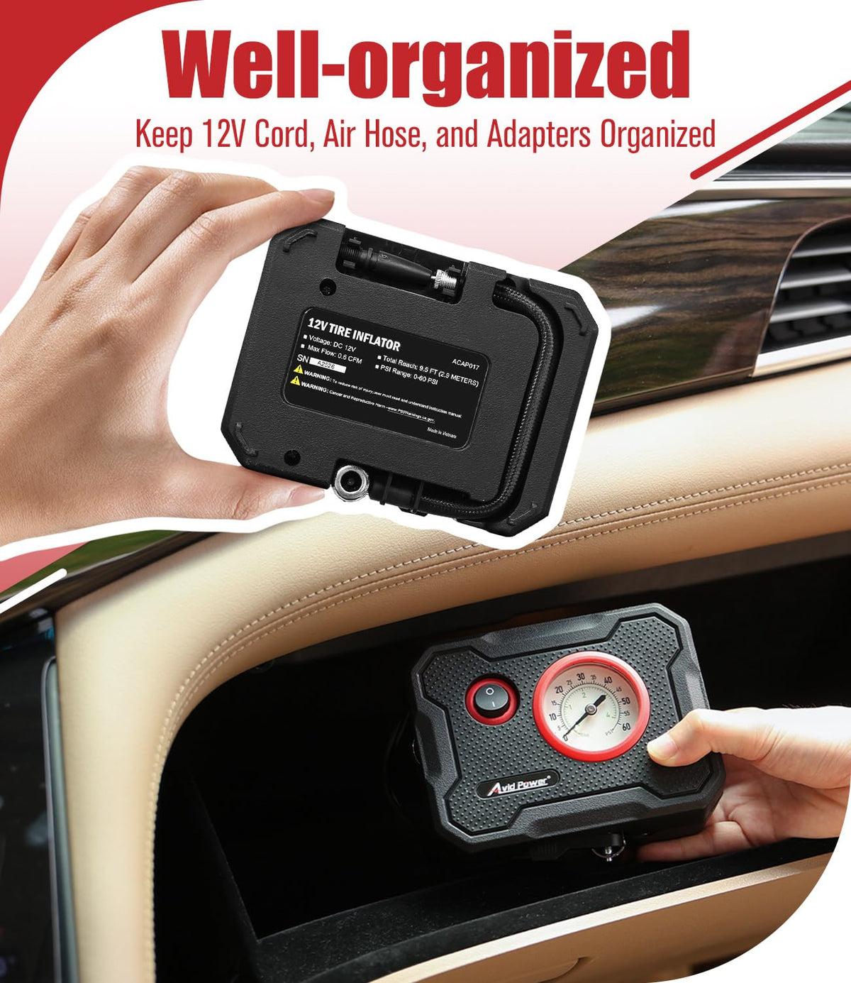 AVID POWER tire inflator with LED light for better visibility