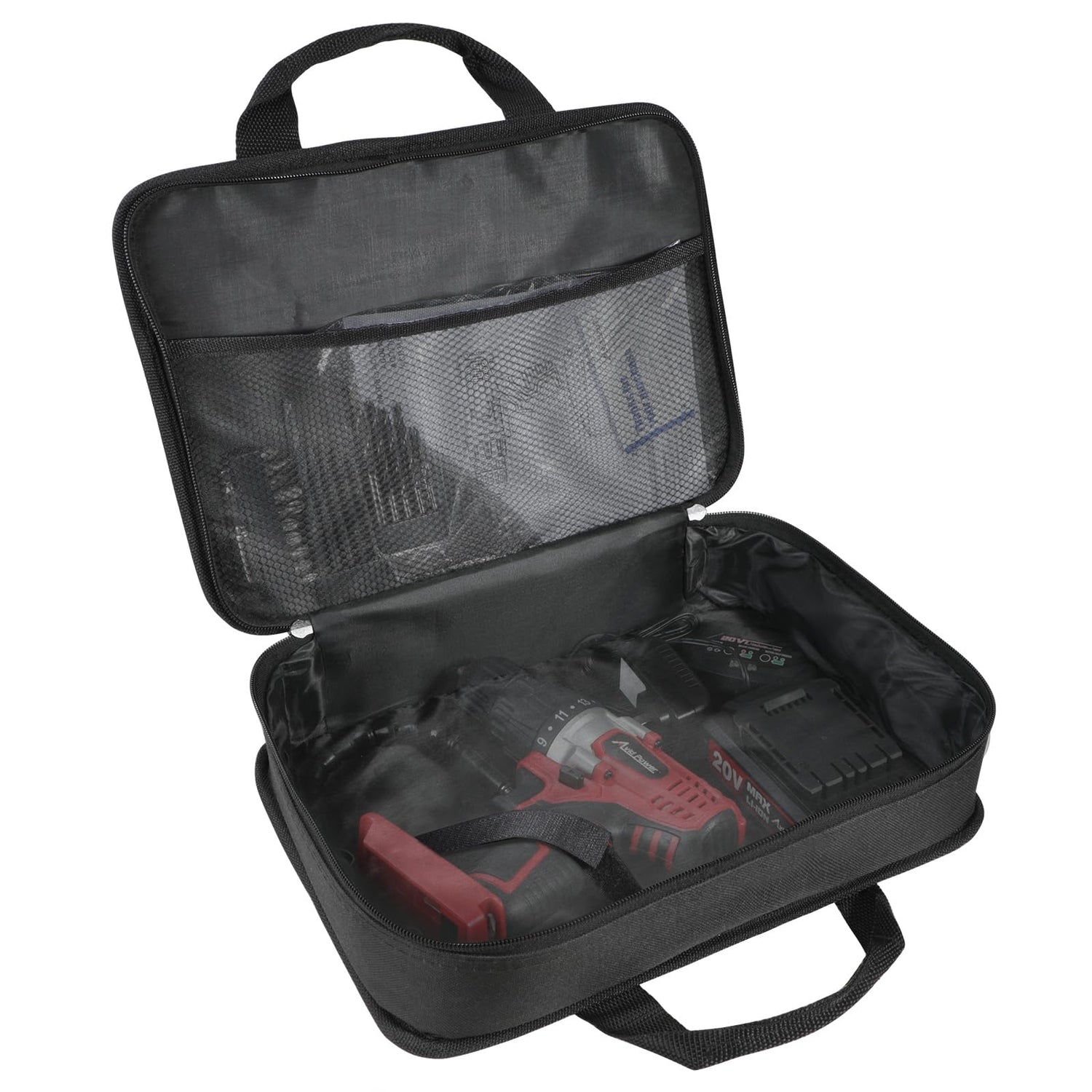 AVID POWER tool bag front view highlighting compact 12-inch storage for cordless drills.