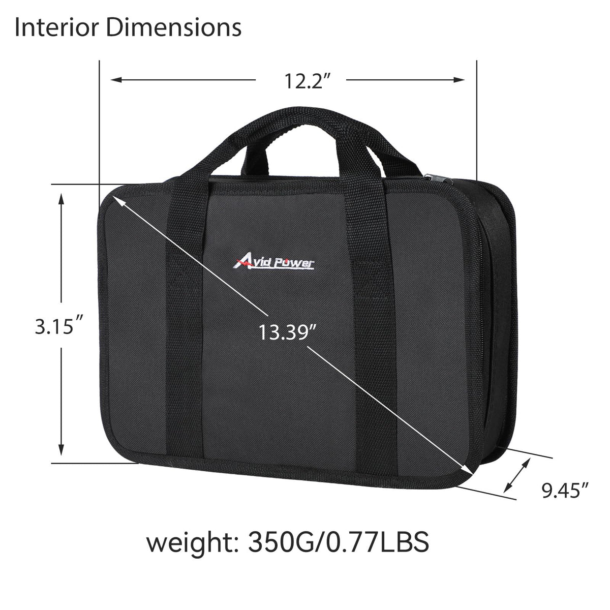 AVID POWER tool bag interior showing Velcro strap securing a tool for stability.