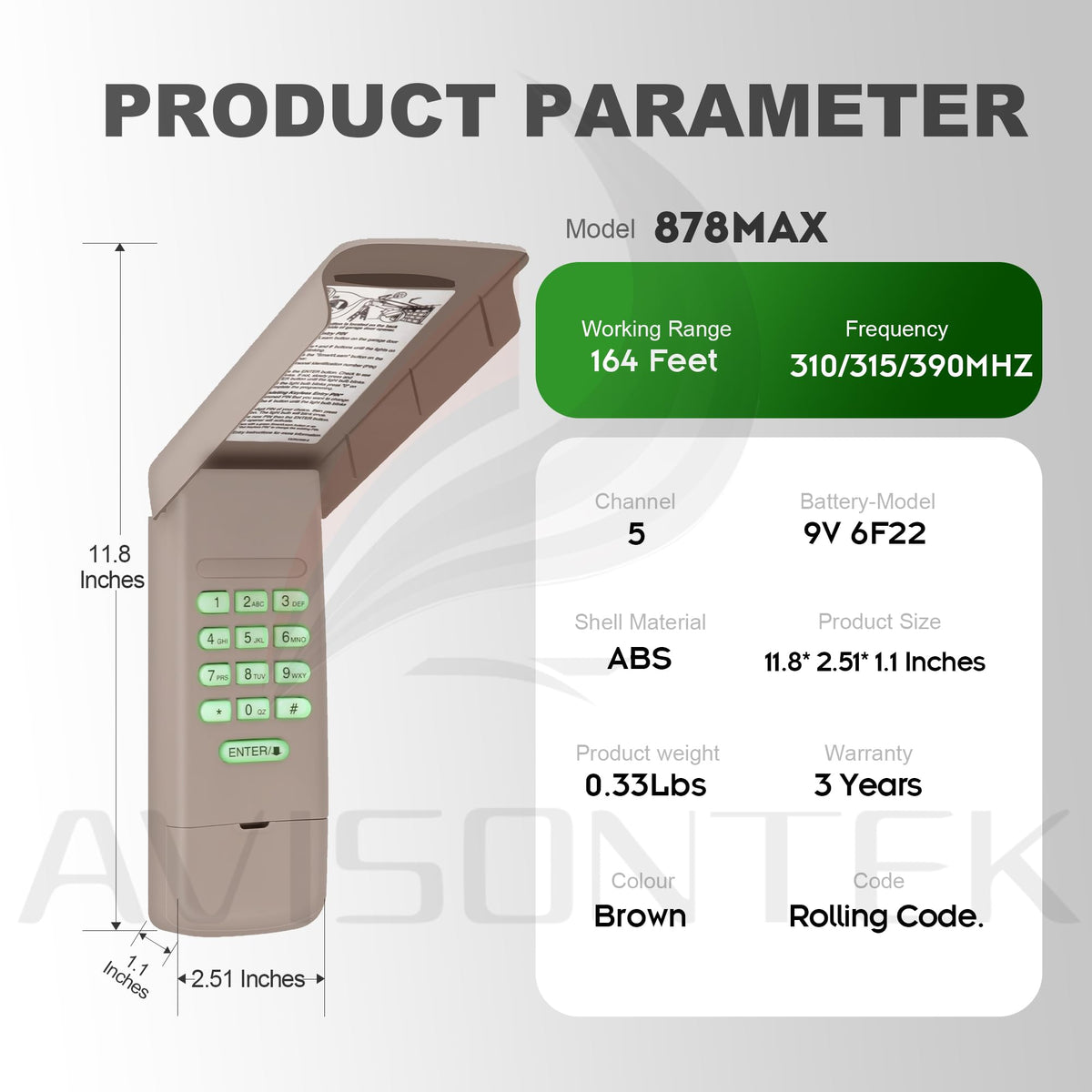 Avisontek 878Max keypad security features close-up showing rolling code.