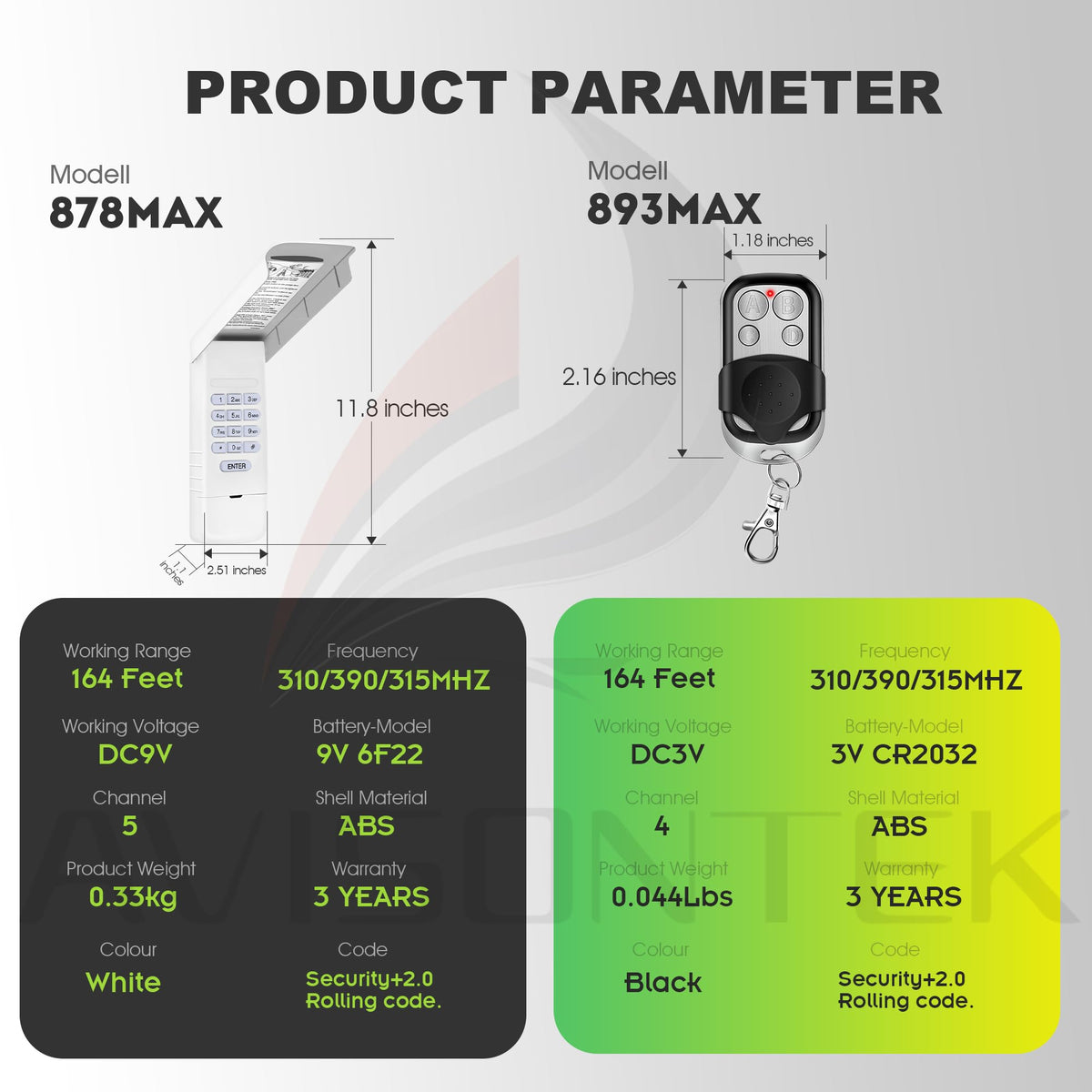 Avisontek FCC-certified label and 3-year warranty badge.
